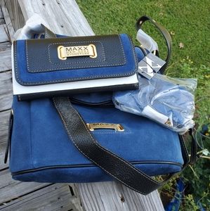 New, never used Maxx New York blue suede purse and matching wallet and coin purs